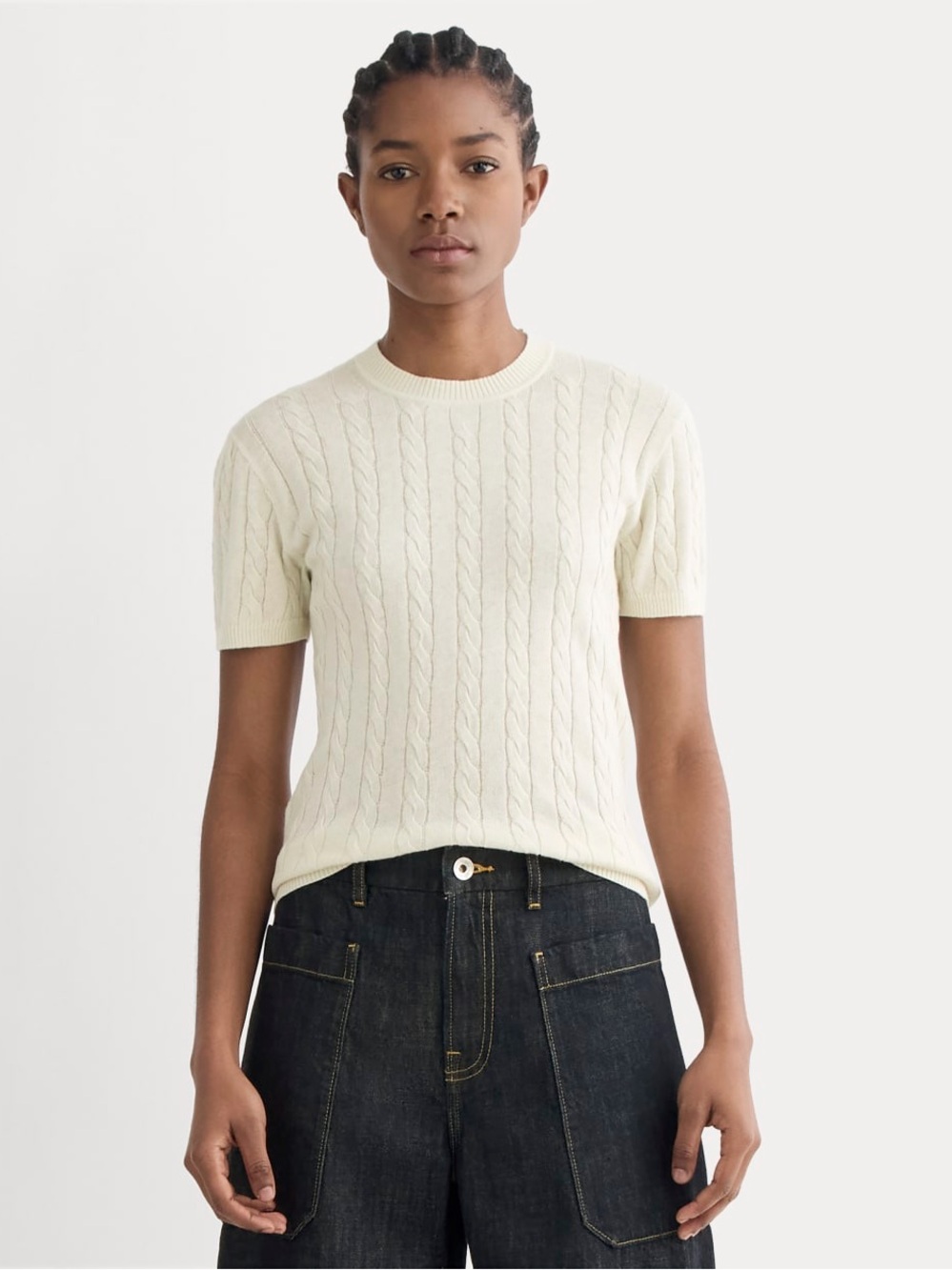 Everlane The Cable Crew Cotton Cashmere Short Sleeve Sweater Birch Size XL NWOT